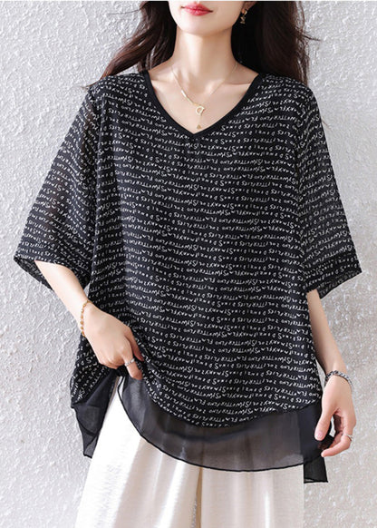 Patchwork Schwarz Übergroße Sommer Tops Bohemian Chiffon