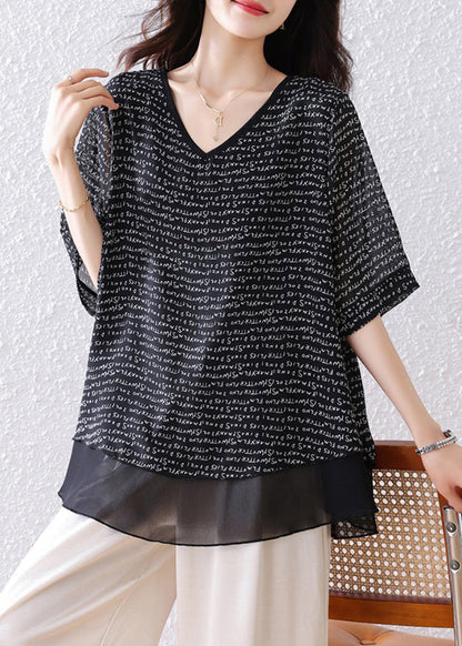 Patchwork Schwarz Übergroße Sommer Tops Bohemian Chiffon