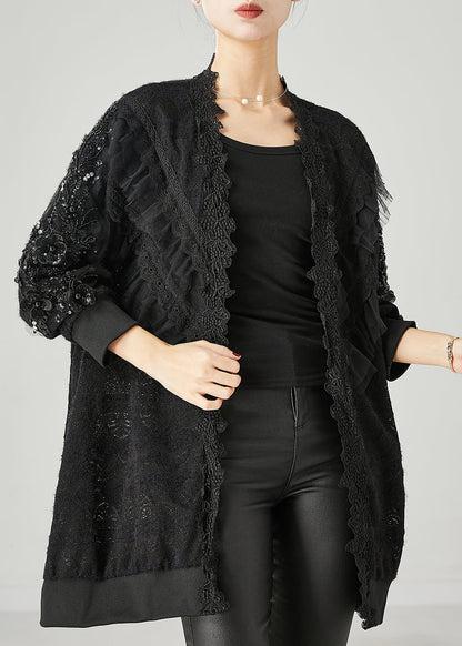 Cardigan bohème en dentelle perlée à volants noirs Printemps YU1048