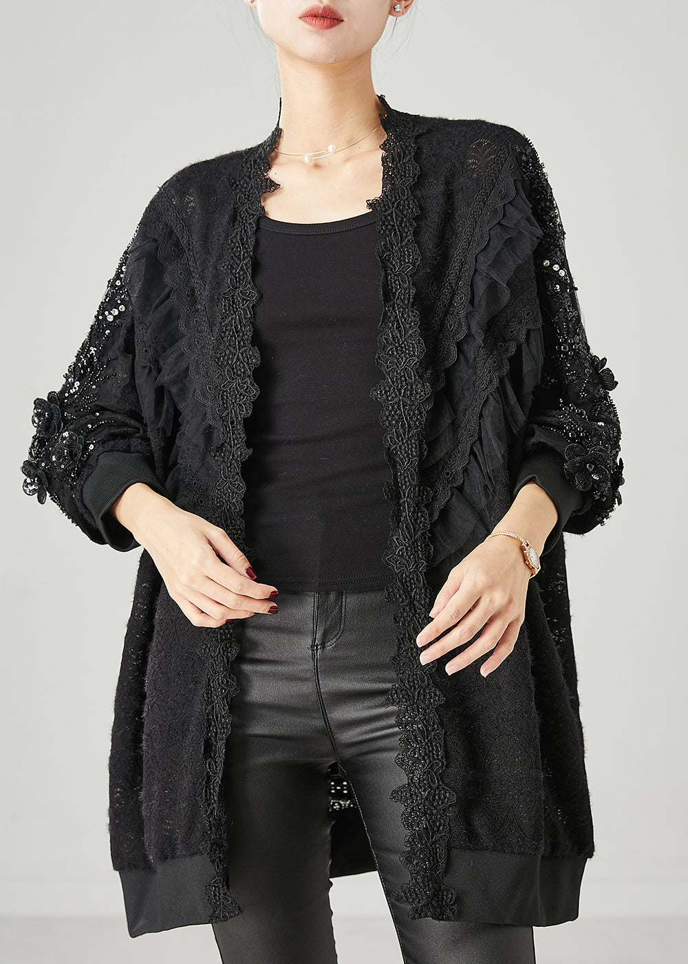 Bohemian Black Ruffled Nail Bead Lace Cardigan Spring YU1048