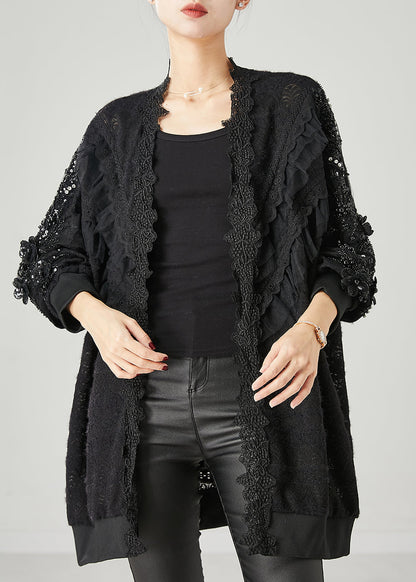 Cardigan bohème en dentelle perlée à volants noirs Printemps YU1048