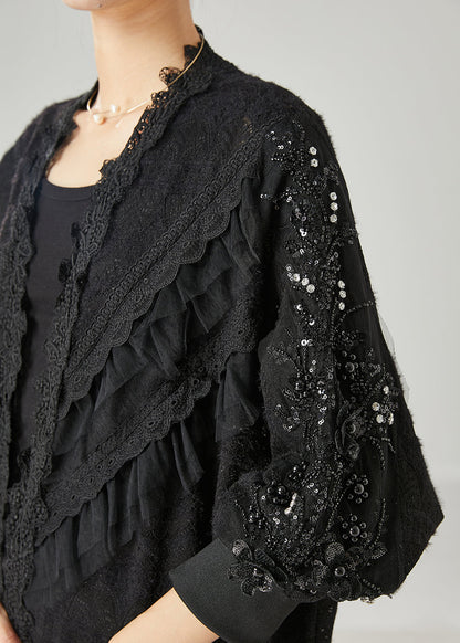 Cardigan bohème en dentelle perlée à volants noirs Printemps YU1048