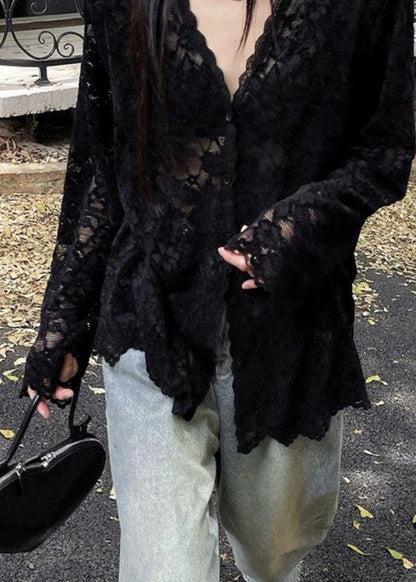 Hemd Frühling Hals Böhmische Schwarze Spitze Aushöhlen V