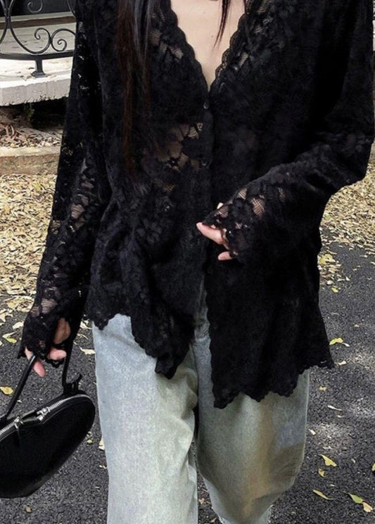 Hemd Frühling Hals Böhmische Schwarze Spitze Aushöhlen V