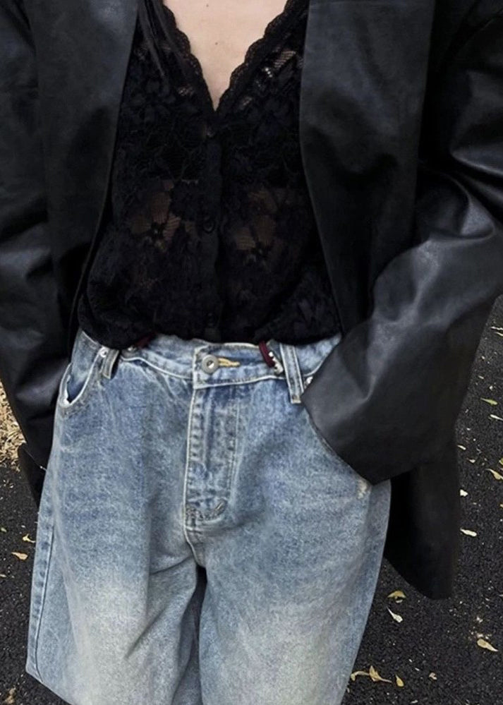 Hemd Frühling Hals Böhmische Schwarze Spitze Aushöhlen V