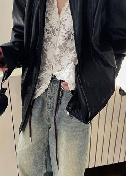 Hemd Frühling Hals Böhmische Schwarze Spitze Aushöhlen V