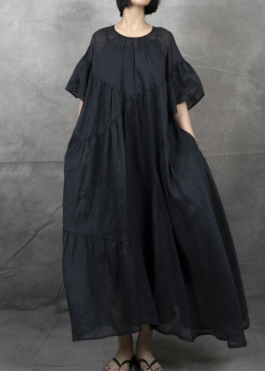 Bohemian Black Wrinkled Patchwork Maxi Dress Short Sleeve GH1043