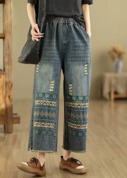 Pantalon large en denim bleu bohème avec poches brodées Printemps QQ1036