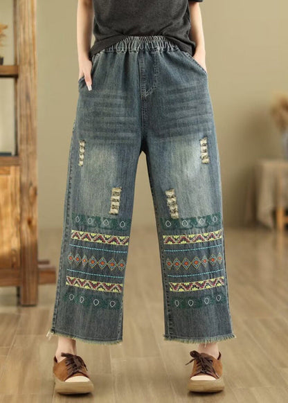 Pantalon large en denim bleu bohème avec poches brodées Printemps QQ1036