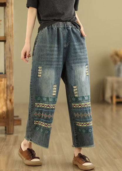 Pantalon large en denim bleu bohème avec poches brodées Printemps QQ1036