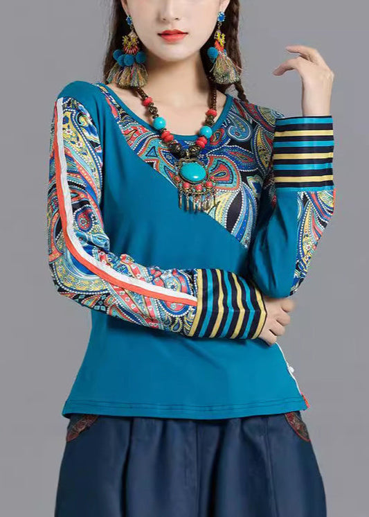 Bohemian Blau O Neck Print Patchwork Baumwolle Tops Frühling TH046