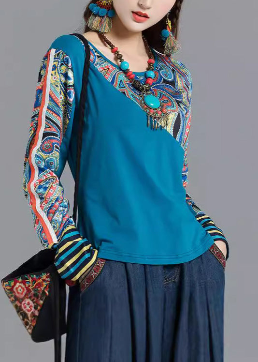 Bohemian Blau O Neck Print Patchwork Baumwolle Tops Frühling TH046