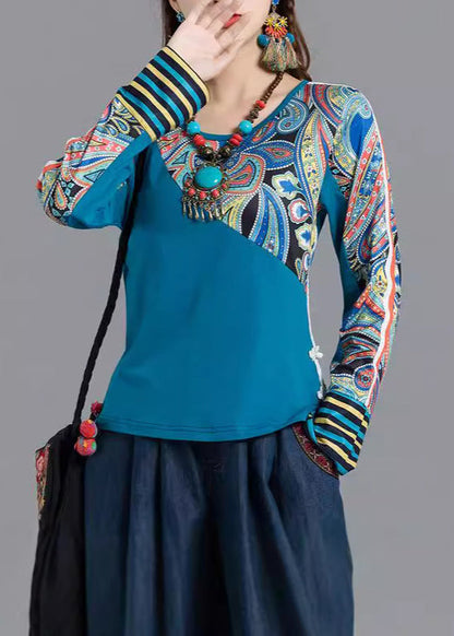 Bohemian Blau O Neck Print Patchwork Baumwolle Tops Frühling TH046