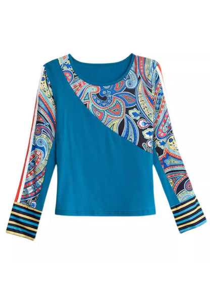 Bohemian Blau O Neck Print Patchwork Baumwolle Tops Frühling TH046