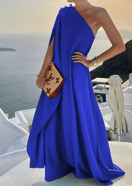Robe bohème asymétrique bleue à épaules dénudées