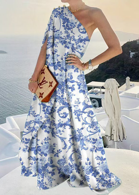 Robe bohème asymétrique bleue à épaules dénudées