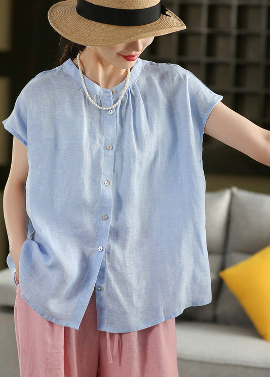 Linen Blouse Tops Oversized Bohemian Summer Blue