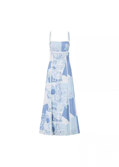 Kleid Patchwork Print Sommer Spaghettiträger Bohemian Blau Lang