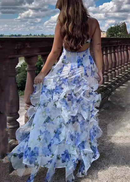 Robe bohème bleue à volants et bretelles spaghetti en tulle sans manches BB046