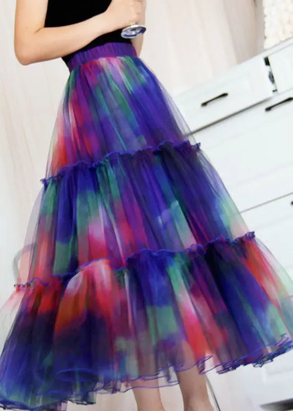 Bohemian Blue Ruffled Tie Dye Tulle Skirt Spring Ada Fashion