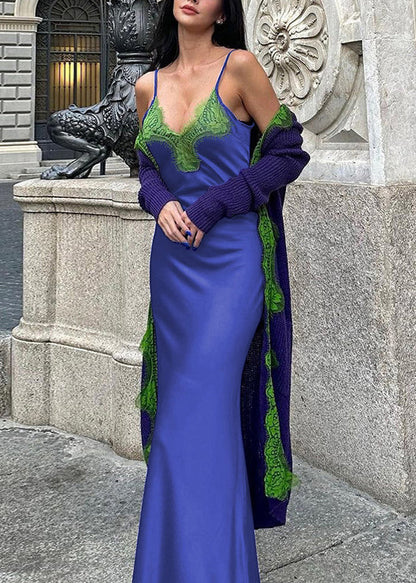 V-Spitze Patchwork Kleid Bohemian Neck Spaghetti Strap Blau
