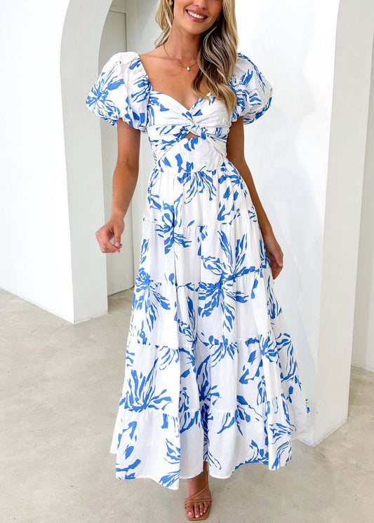 Robe bohème bleue en coton imprimé à col en V et manches bouffantes FF073