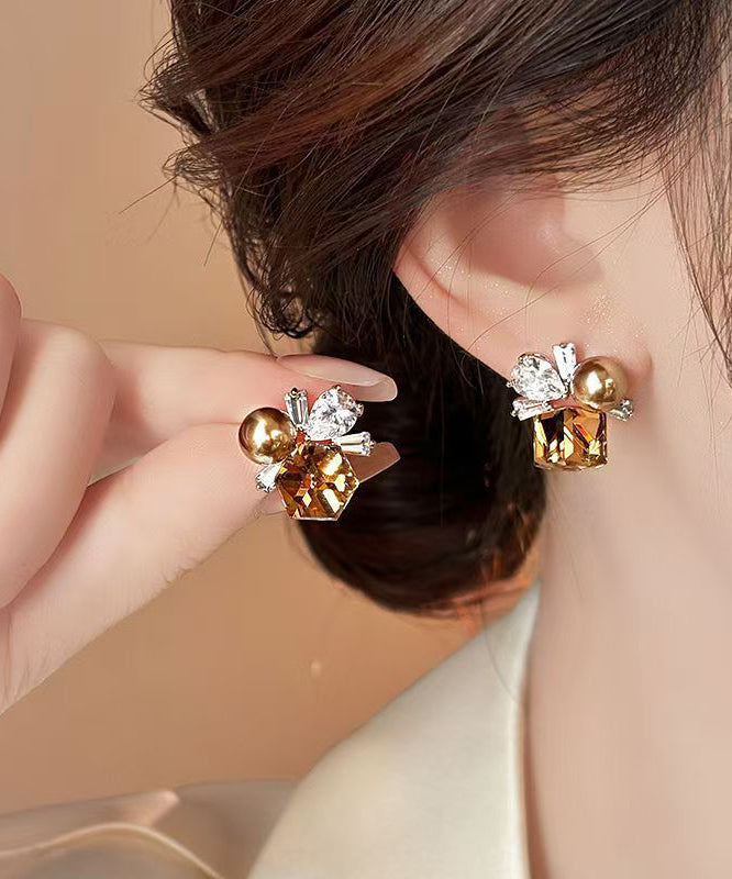 Brown Crystal Pearl Earrings Stud Alloy Bohemian