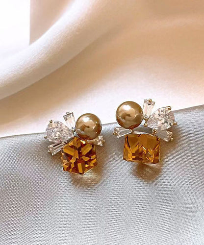 Brown Crystal Pearl Earrings Stud Alloy Bohemian