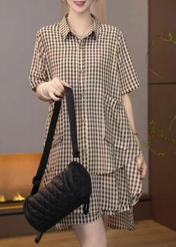 Ensemble deux pièces bohème surdimensionné en coton marron à carreaux pour l'été