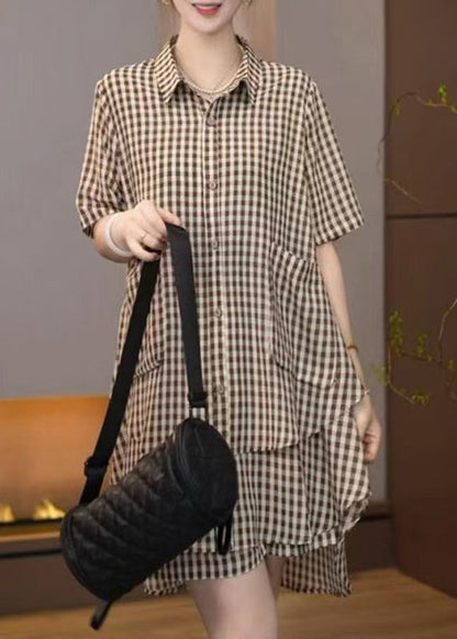 Ensemble deux pièces bohème surdimensionné en coton marron à carreaux pour l'été