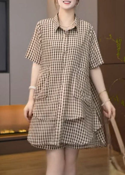 Ensemble deux pièces bohème surdimensionné en coton marron à carreaux pour l'été