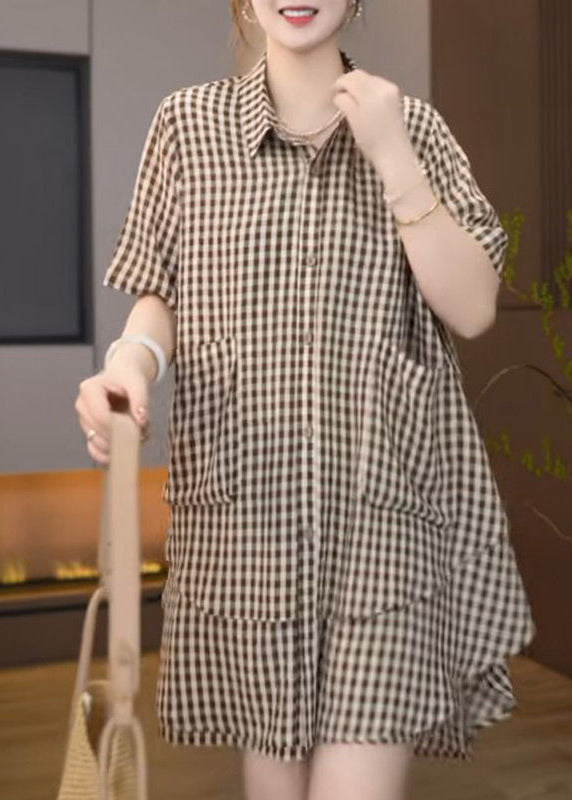 Ensemble deux pièces bohème surdimensionné en coton marron à carreaux pour l'été