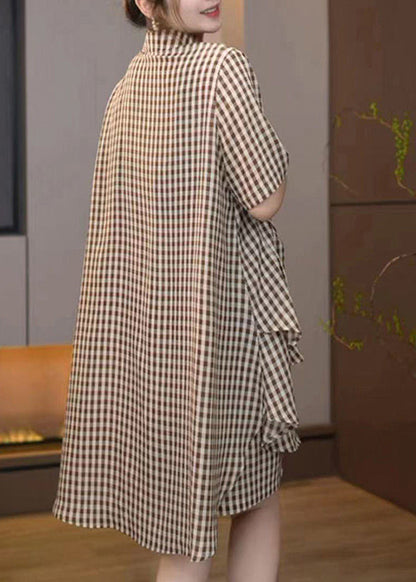 Ensemble deux pièces bohème surdimensionné en coton marron à carreaux pour l'été