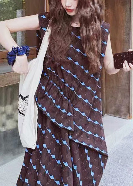 A Line Print Chocolate Bohemian Sleeveless Dress Cotton Oversized