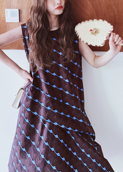 A Line Print Chocolate Bohemian Sleeveless Dress Cotton Oversized