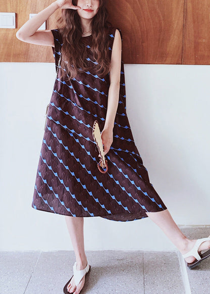 A Line Print Chocolate Bohemian Sleeveless Dress Cotton Oversized