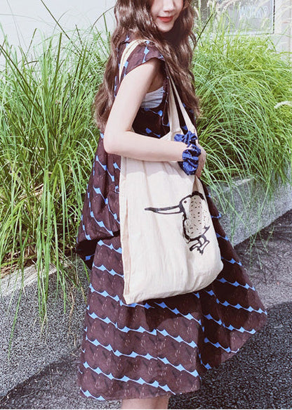 A Line Print Chocolate Bohemian Sleeveless Dress Cotton Oversized