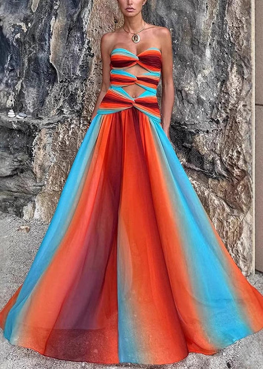 Robe bustier bohème en mousseline de soie à ourlet large et dégradé de couleurs