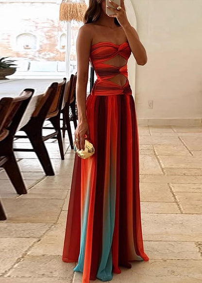 Saum Bohemian Große Extra Farbe Gradient Trägerlosen Kleid Chiffon