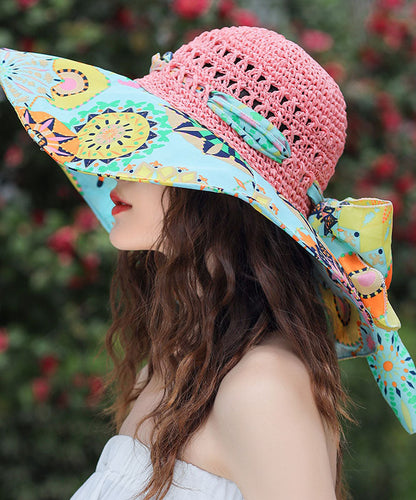 Chapeau de soleil bohème vert en tissage d'herbe ajouré YU1017