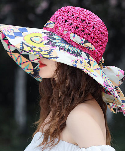 Chapeau de soleil bohème vert en tissage d'herbe ajouré YU1017