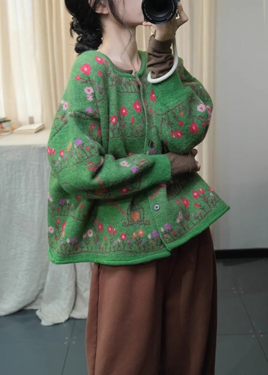 Cardigans en maille ample à imprimé bohème vert à col rond, printemps TI003