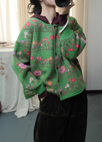Cardigans en maille ample à imprimé bohème vert à col rond, printemps TI003
