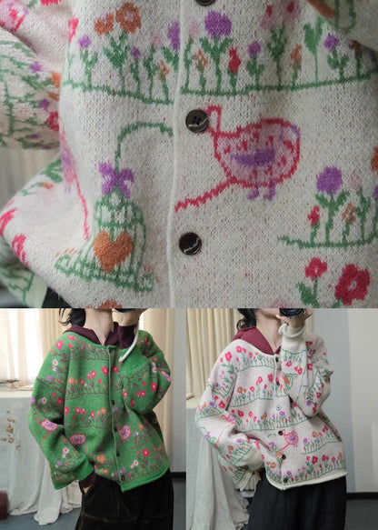 Cardigans en maille ample à imprimé bohème vert à col rond, printemps TI003