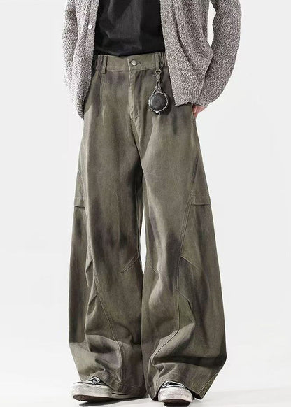 Pantalon homme taille élastique coton teinture froissé cravate vert bohème