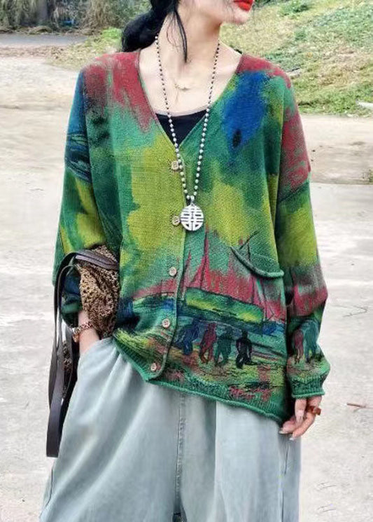 Bohemian Green V Neck Print Pockets Knit Cardigans Long Sleeve FF046