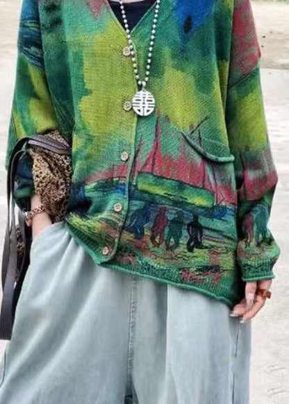 Cardigan en tricot à manches longues et col en V vert bohème avec poches imprimées FF046