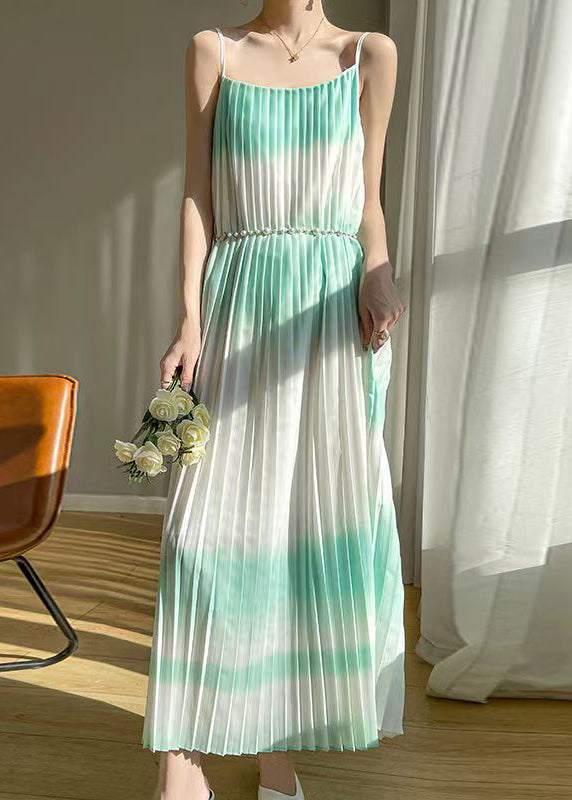 Bohemian Green Wrinkled Cotton Spaghetti Strap Dress Sleeveless AB1016