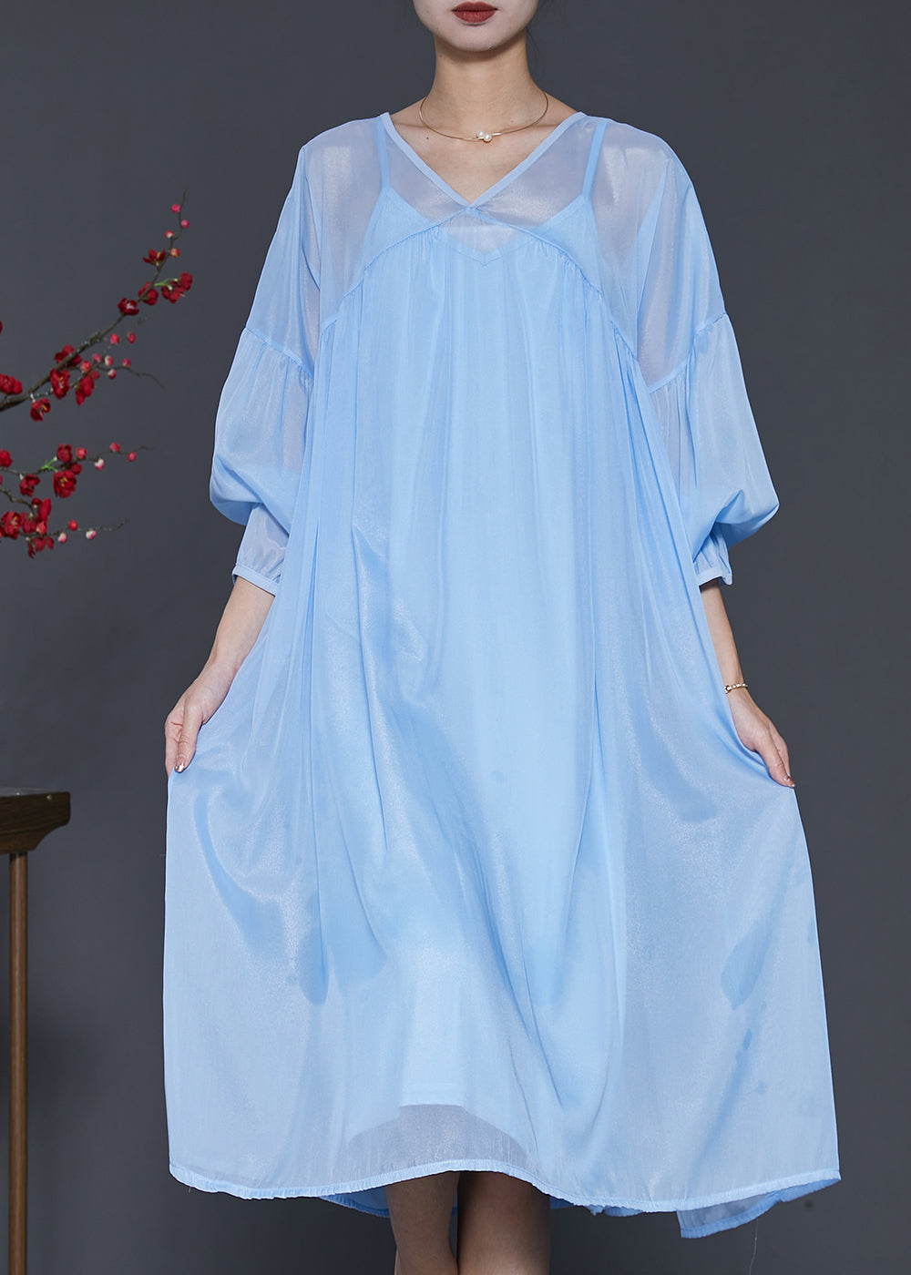 Bohemian Lake Blue Draping Chiffon Dress Two Piece Set Lantern Sleeve SD1040