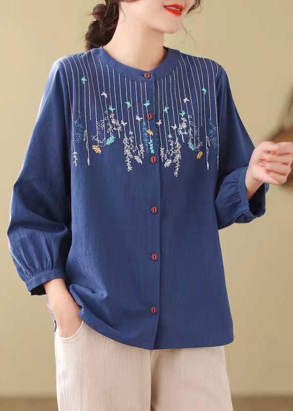 Bohemian Loose Blue Embroidered Linen Blouses Long Sleeve FF019